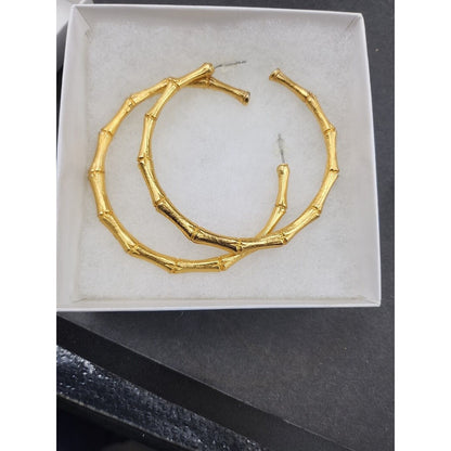 Kenneth Jay Lane KJL Large Gold Bamboo Hoop Pierced Earrings 2.5"
