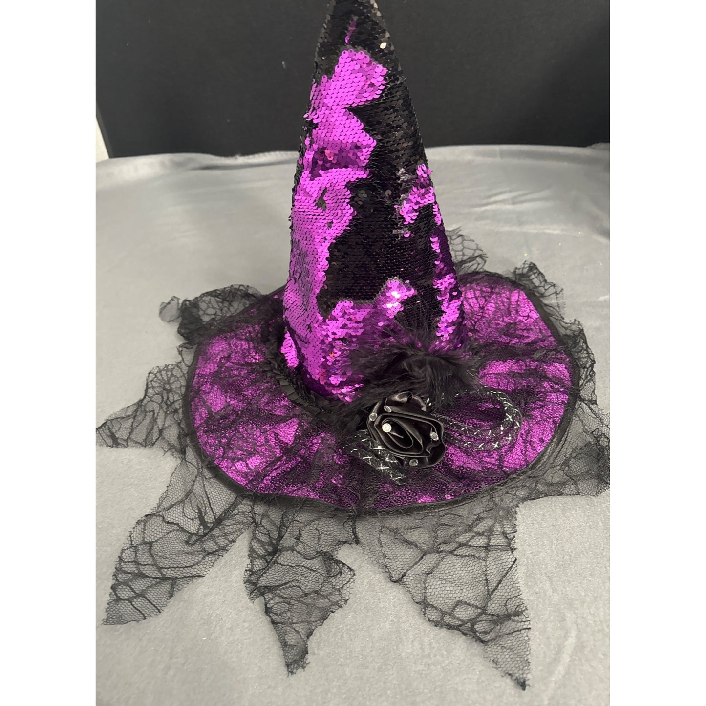 Purple & Black Sequined Witch Hat With Feathers & Lace