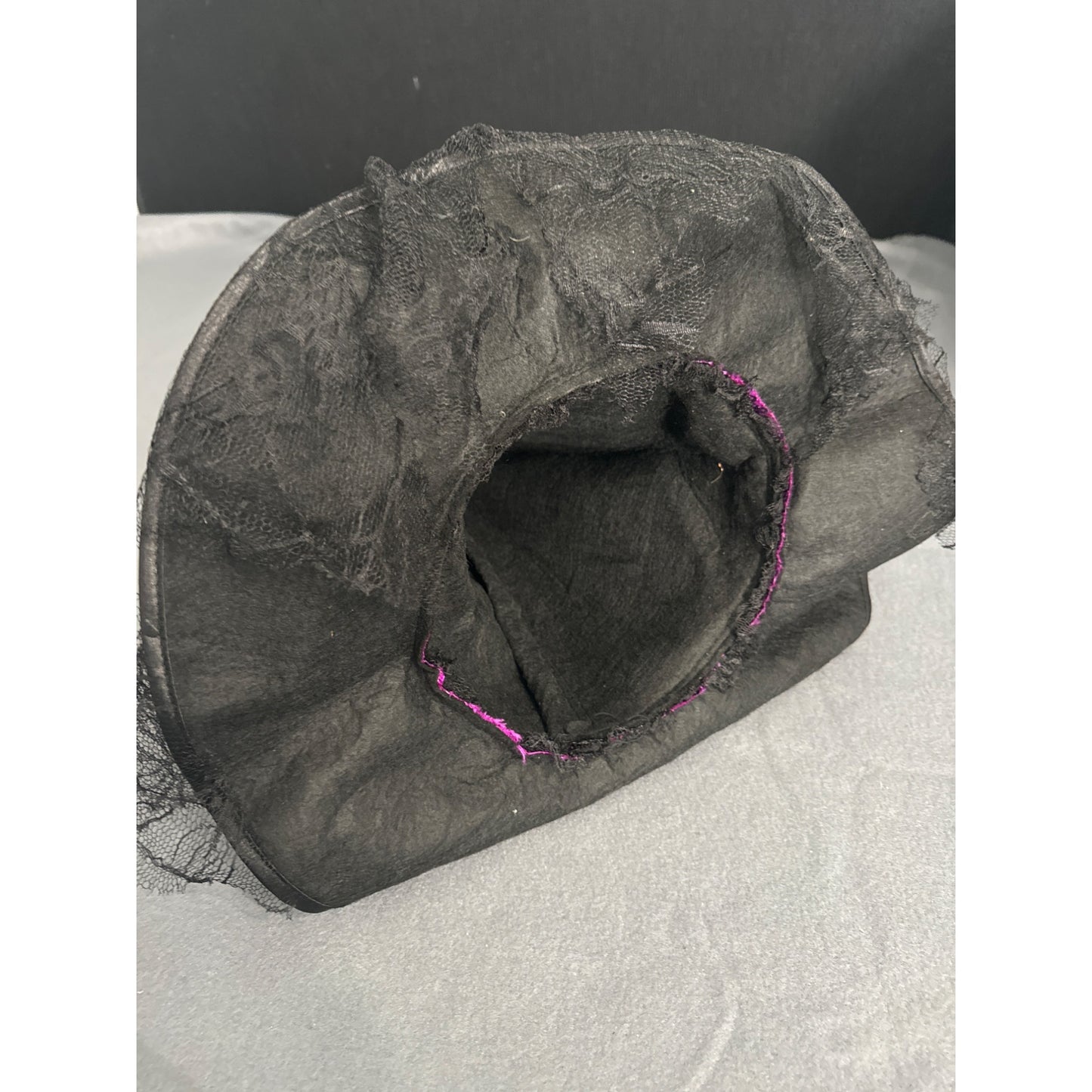 Purple & Black Sequined Witch Hat With Feathers & Lace