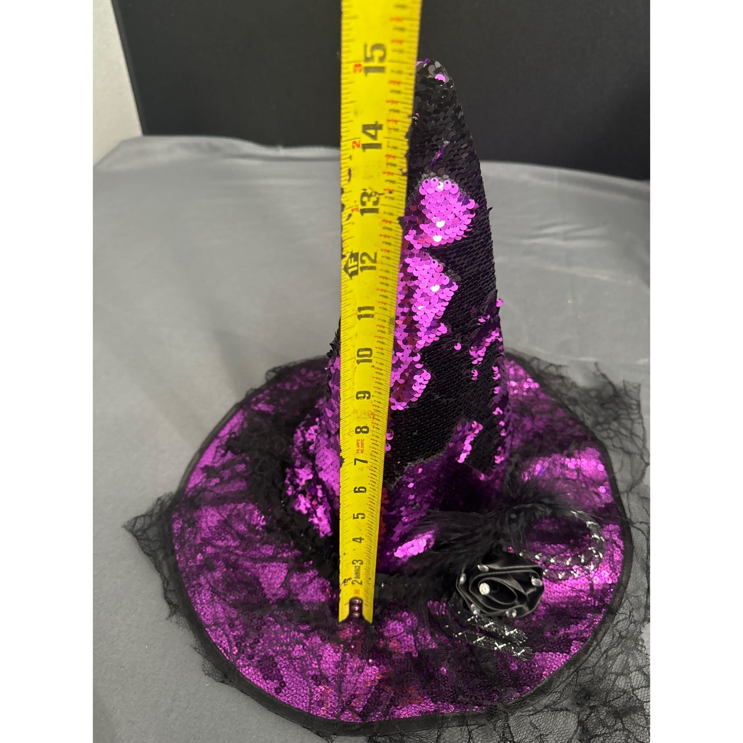 Purple & Black Sequined Witch Hat With Feathers & Lace