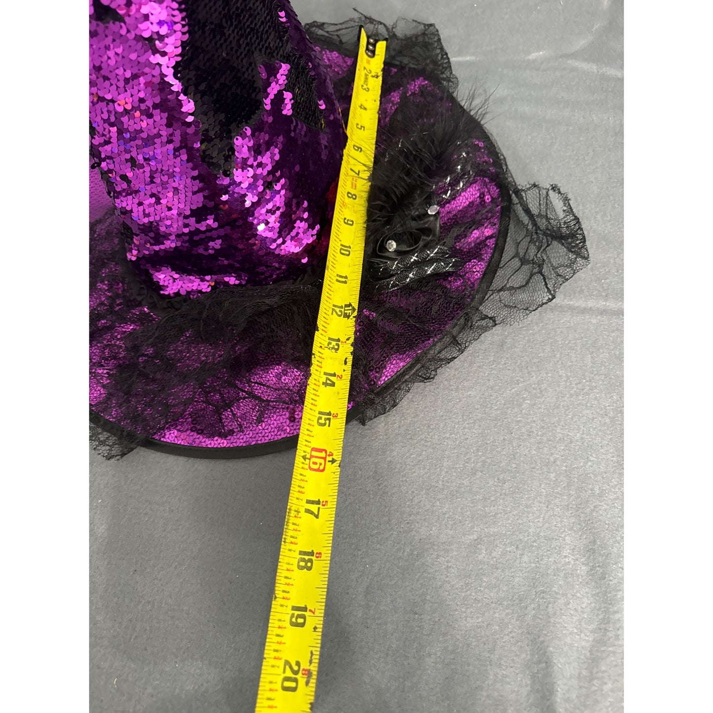 Purple & Black Sequined Witch Hat With Feathers & Lace