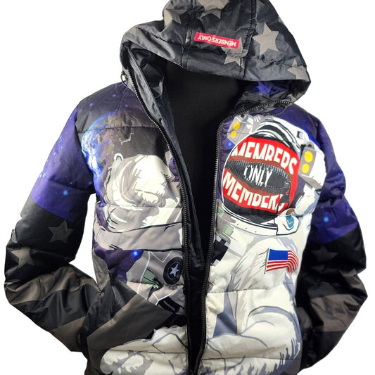 Members Only Mens Multicolor Space Print Full Zip Puffer Jacket Size Small