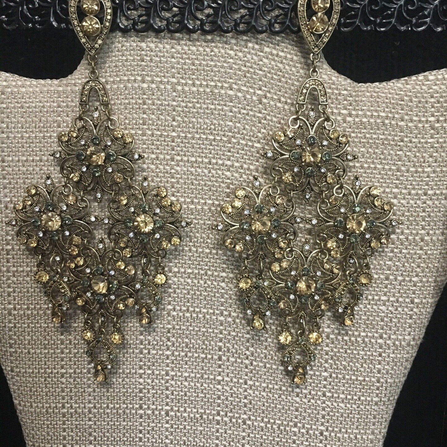 Rhinestone Chandelier Gold Tone Dangle Earrings 6"x3" Sparkle Gemstone Jewelry
