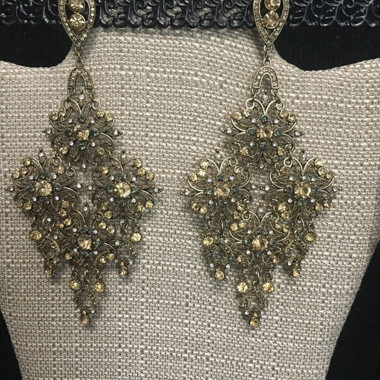Rhinestone Chandelier Gold Tone Dangle Earrings 6"x3" Sparkle Gemstone Jewelry
