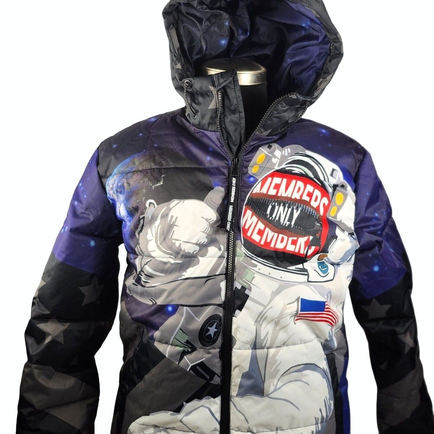 Members Only Mens Multicolor Space Print Full Zip Puffer Jacket Size Small
