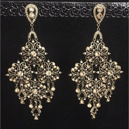 Rhinestone Chandelier Gold Tone Dangle Earrings 6"x3" Sparkle Gemstone Jewelry