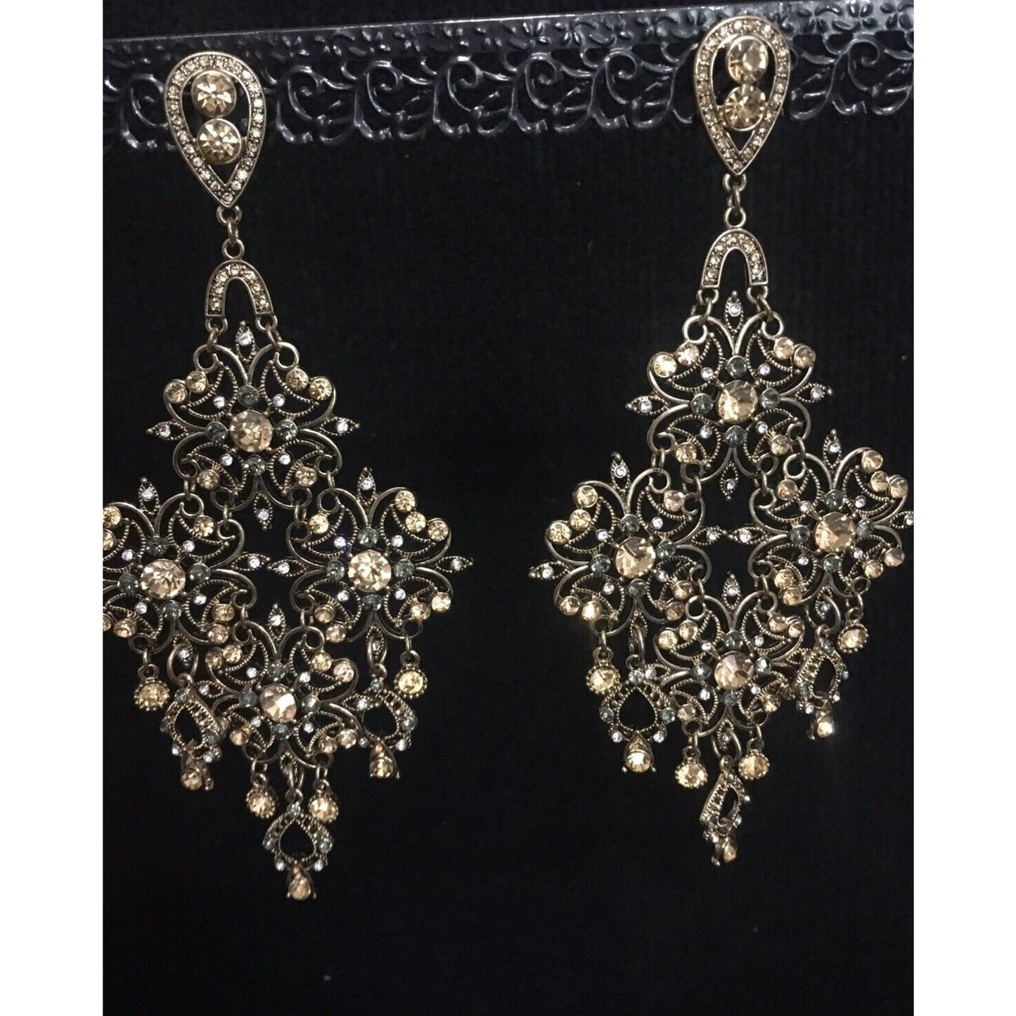 Rhinestone Chandelier Gold Tone Dangle Earrings 6"x3" Sparkle Gemstone Jewelry