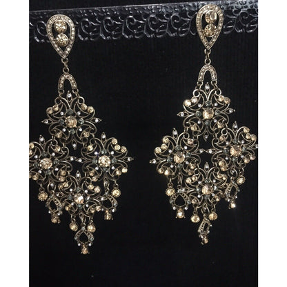 Rhinestone Chandelier Gold Tone Dangle Earrings 6"x3" Sparkle Gemstone Jewelry