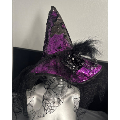 Purple & Black Sequined Witch Hat With Feathers & Lace