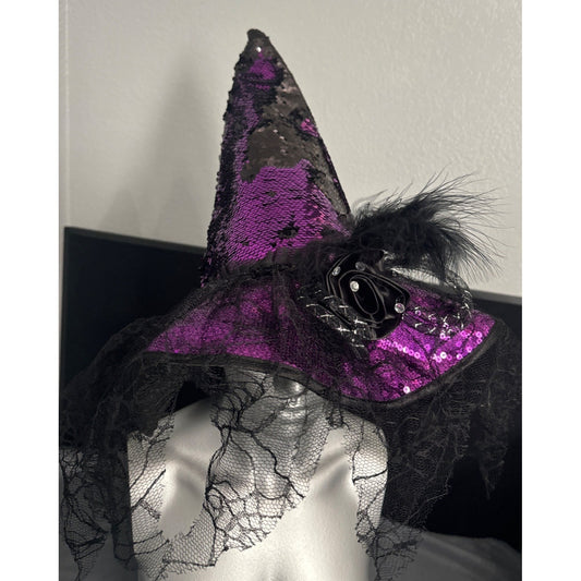Purple & Black Sequined Witch Hat With Feathers & Lace