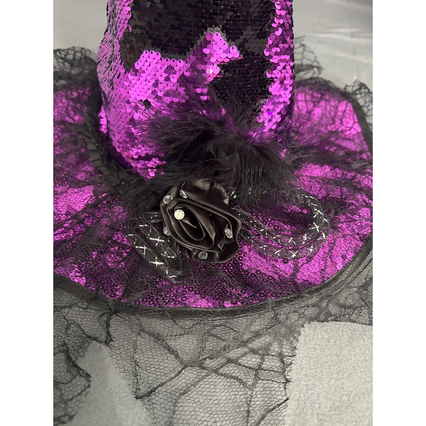 Purple & Black Sequined Witch Hat With Feathers & Lace