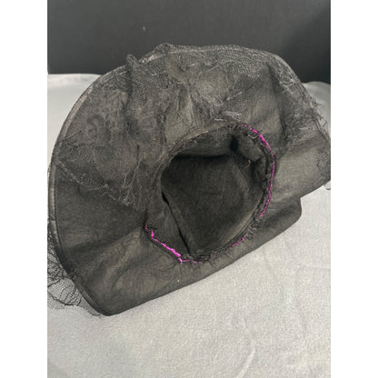 Purple & Black Sequined Witch Hat With Feathers & Lace