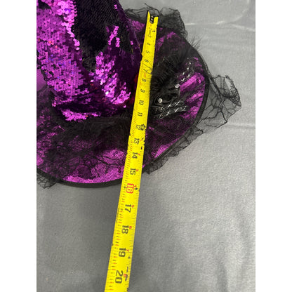 Purple & Black Sequined Witch Hat With Feathers & Lace