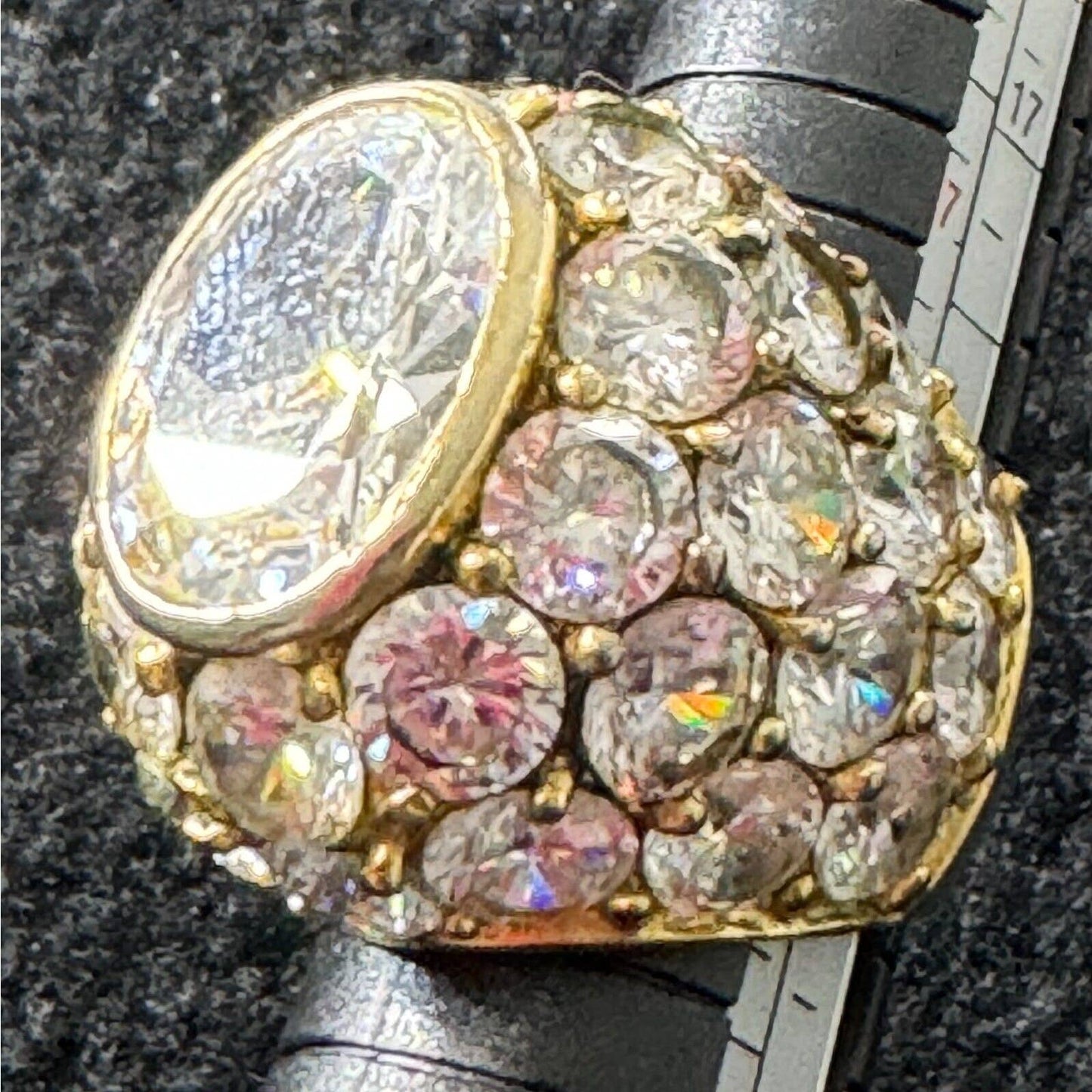 Womens Gold Colored Round Shape Rhinestone Embellished Fashion Dome Ring